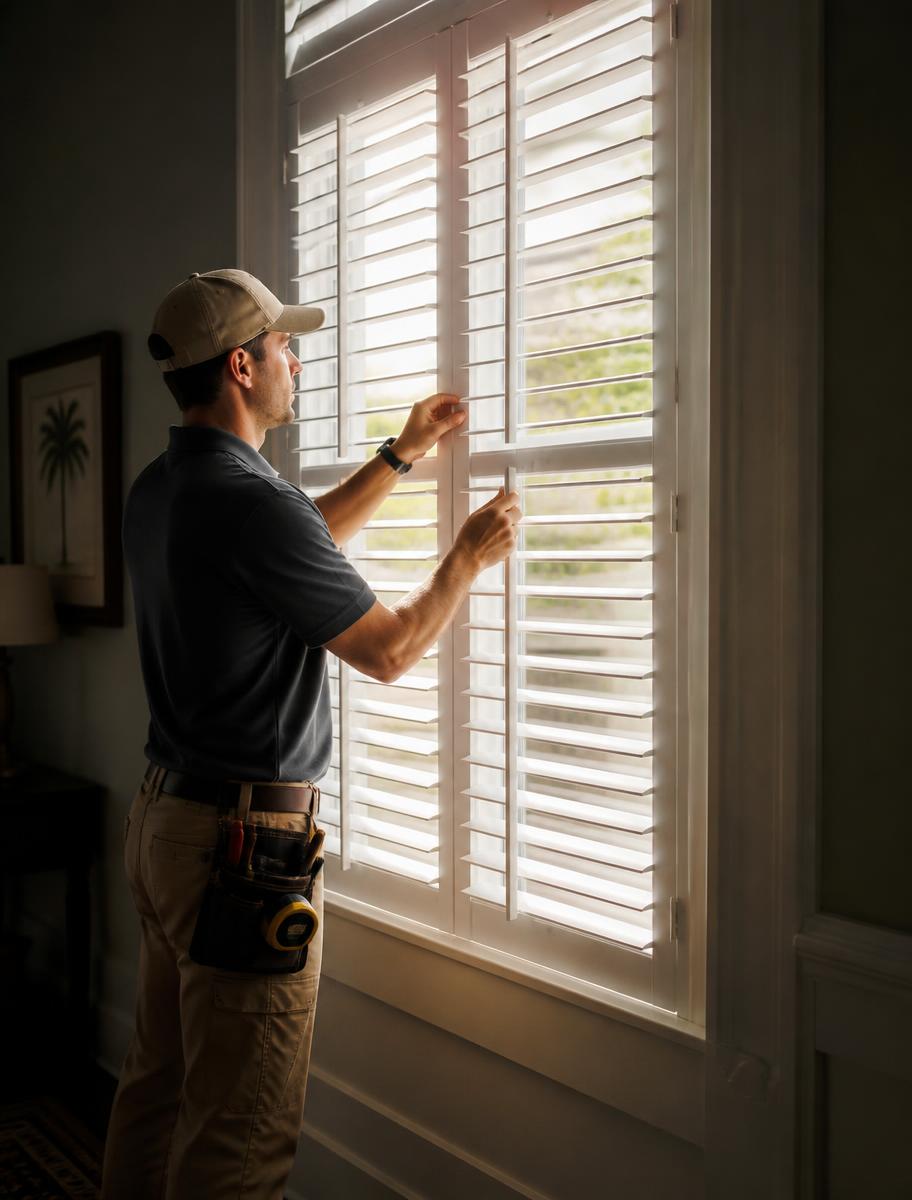 Installer adjusting custom plantation shutters in a Charleston home